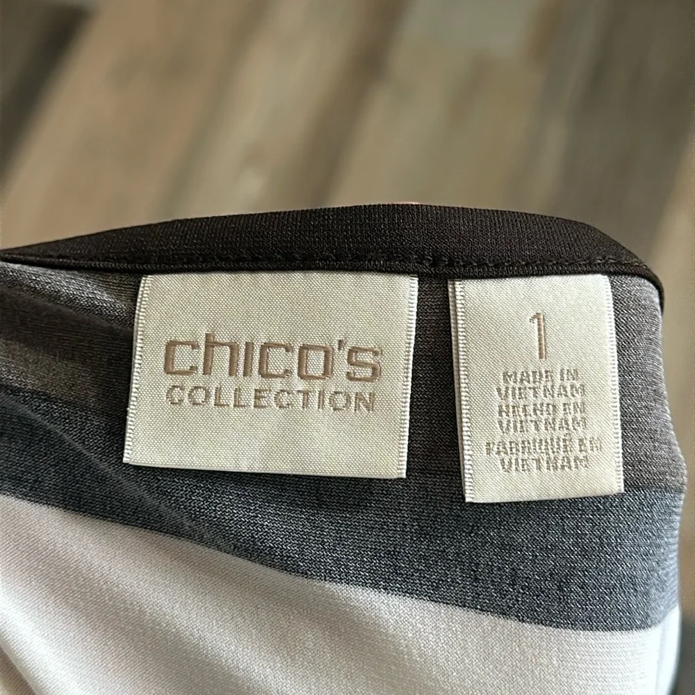 CHICO’S Black/Brown/White Stripe Short Sleeve Maxi Dress Size 1
